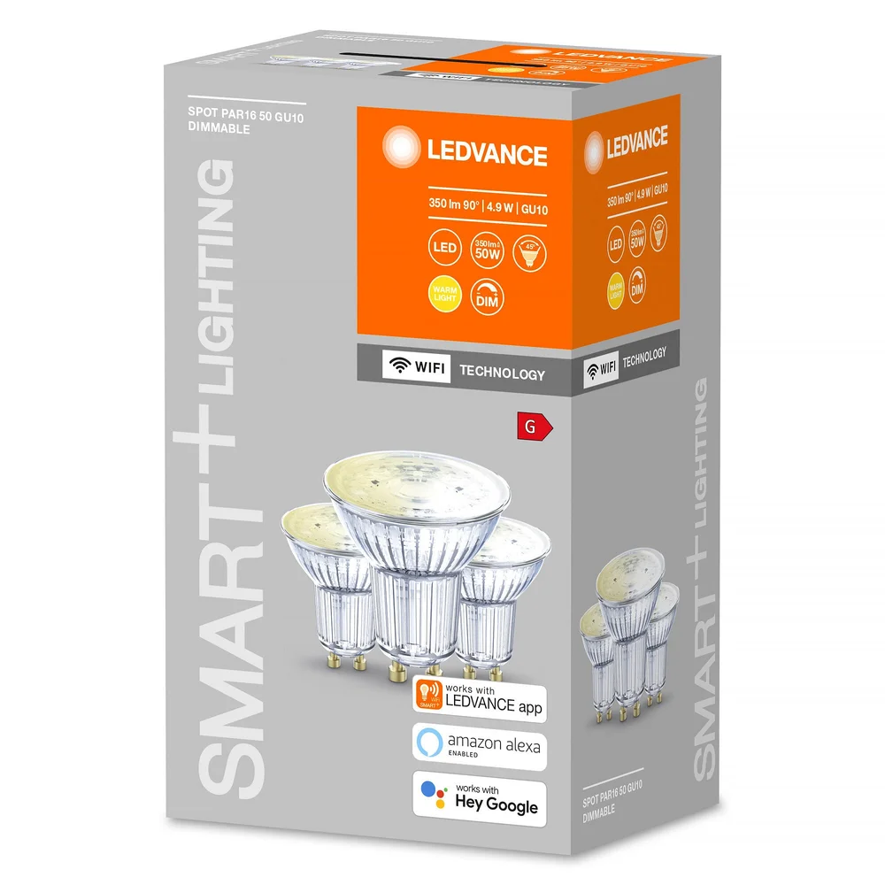 Ledvance LED-lampe, smart Wi Fi, PAR16, Spot GU10, dimbar, 4,9 W, 3-pakning v:9326131 Ledvance LED-lampe, smart Wi Fi, PAR16, Spot GU10, dimbar, 4,9 W, 3-pakning v:9326131