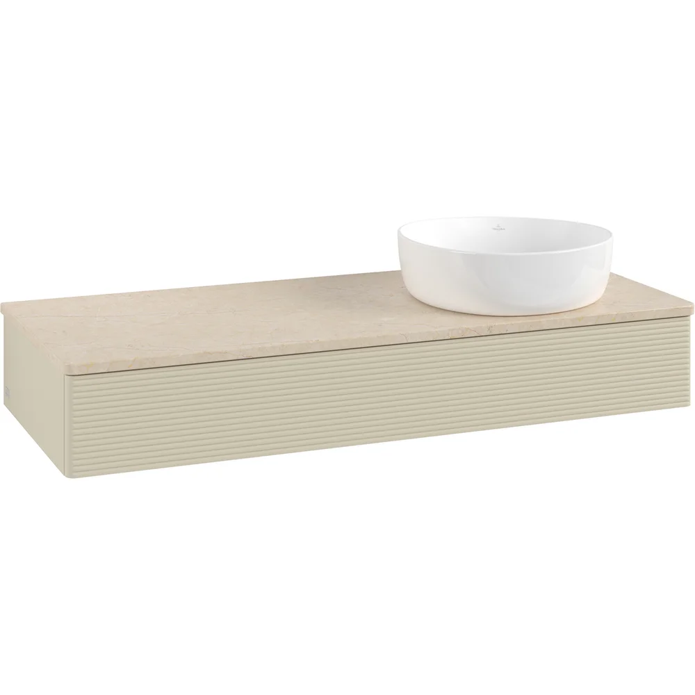 V&B ANTAO SERVANTSKAP 1 SKUFF RILLET 1200X190X500 HØYRE U/KRANHULL M/LYS SILKEGRÅ/CRÉME v:6667085