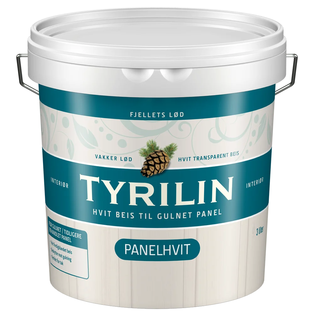 Tyrilin Panelhvit 3 l – hvit transparent beis til gulnet panel v:5889630 Tyrilin Panelhvit 3 l – hvit transparent beis til gulnet panel v:5889630