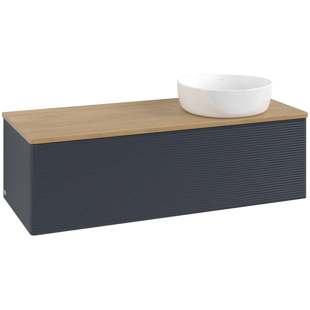 V&B ANTAO SERVANTSKAP 1 SKUFF RILLET 1200X360X500 HØYRE U/KRANHULL BLÅ/EIK v:1394975