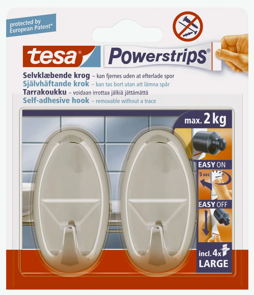 tesa® Powerstrips large oval sølv krok 2-pk v:1693209 tesa® Powerstrips large oval sølv krok 2-pk v:1693209