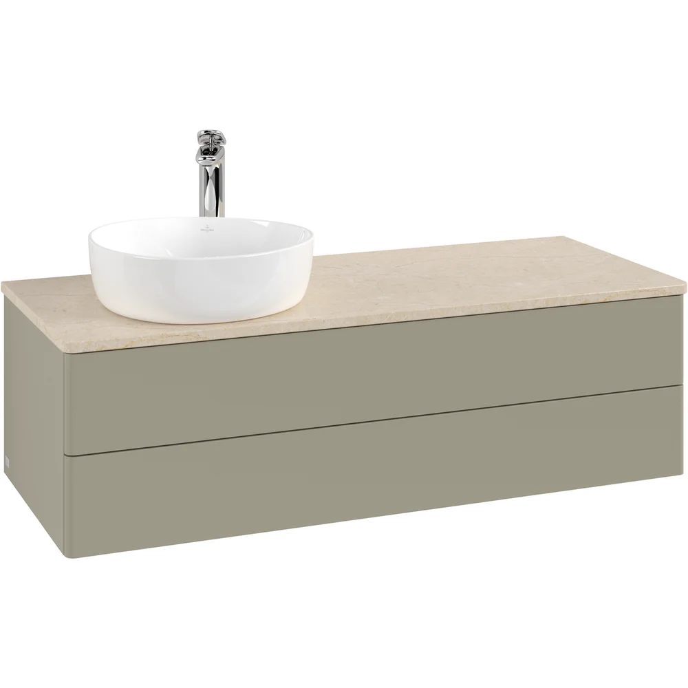 V&B ANTAO SERVANTSKAP 2 SKUFFER GLATT 1200X360X500 VENSTRE M/KRANHULL M/LYS STENGRÅ/CRÉME v:2342388