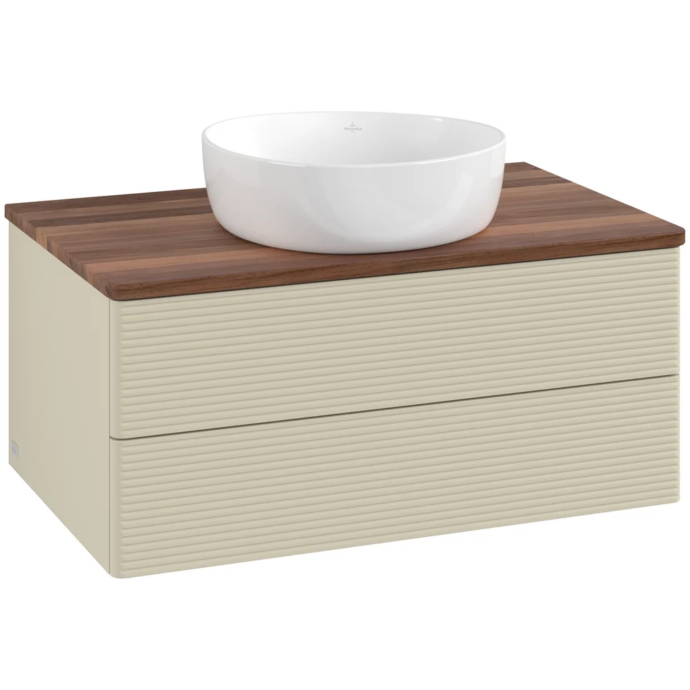 V&B ANTAO SERVANTSKAP 2 SKUFFER RILLET 800X360X500 U/KRANHULL SILKEGRÅ/VALNØTT v:4933778
